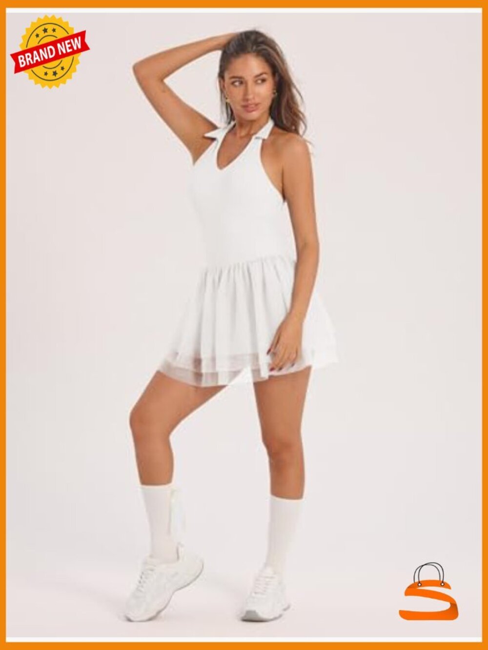 V Neck Halter Backless Tiered Tulle Dress with Built-in Shorts - Picture 3 of 6